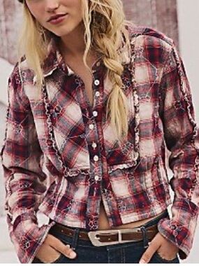 NWT Free People Georgia Plaid Ruffle Button Down Shirt Red Western Flannel M